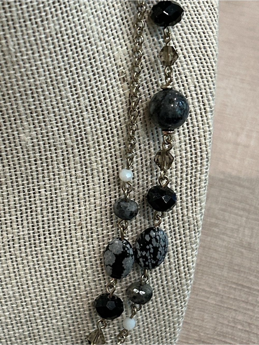 Talbots Multi-Strand Black snowflake obsidian stone and Gray Beaded necklace image 2